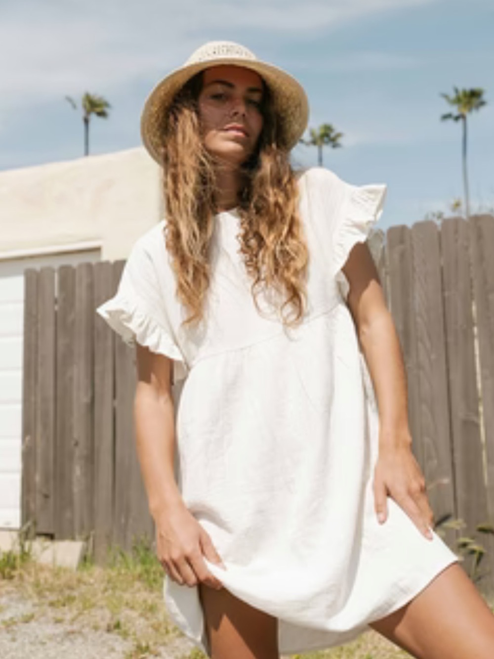 Billabong White Ruffle Sleeve Mini Dress